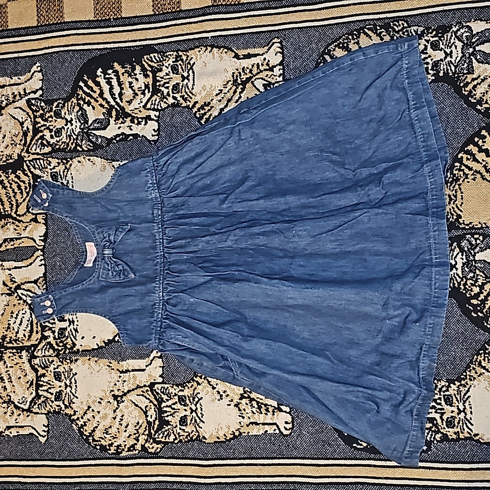 Vintage denim dress girls 6/7 blue sleeveless bow detail 💙